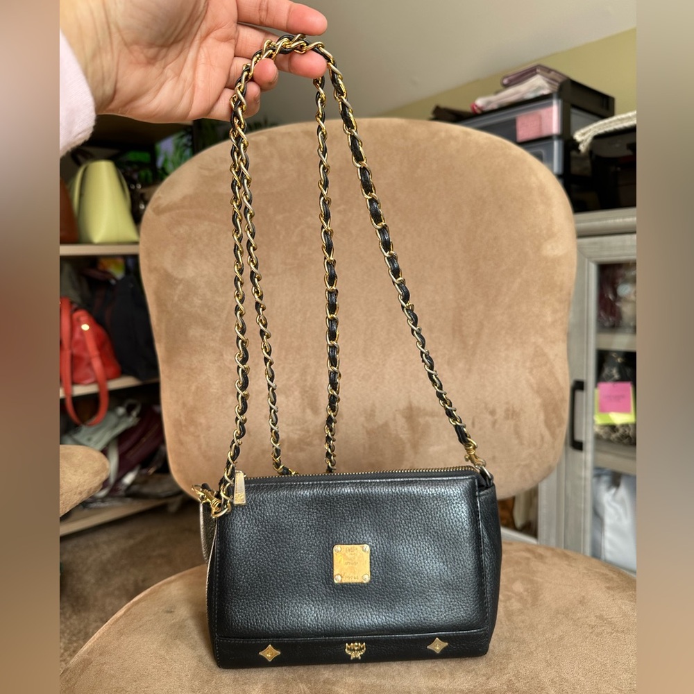 MCM Black Leather w/ Gold Chain Crossbody Bag, Good Condition - Picture 3 of 15